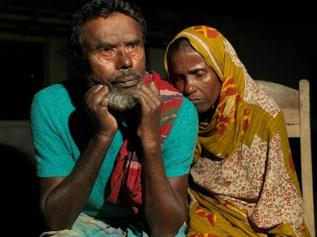 Portrait of Delower, 60 and his wife Ayma, 56. Delower contracted leprosy before the introduction of MDT and has suffered greatly due to the constant tigma attached to his disease. Recently, however, after being discovered by Lepra, Delower, has been given help to get a government disablilty financial allowance and has also just started attending the local self help group where he hopes to purchase some goats and one day a shop with Lepra's help.